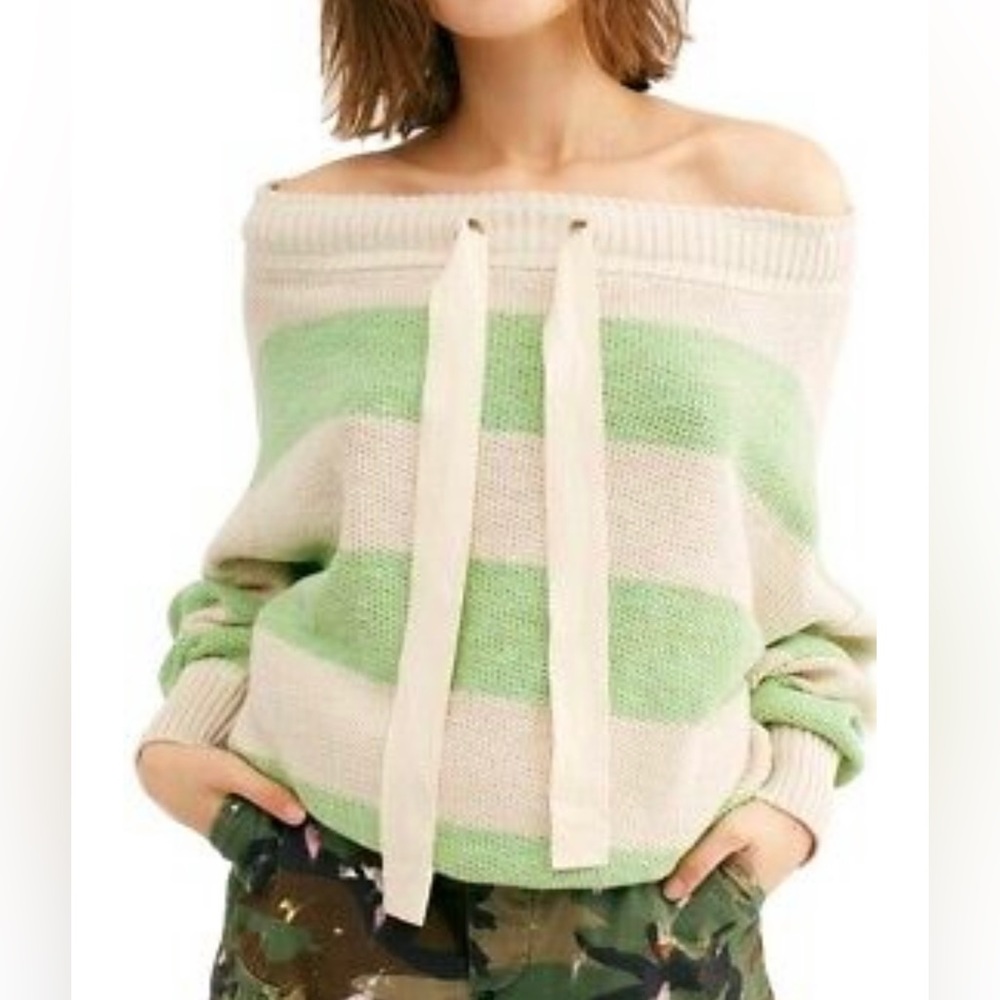 NWT Free People Cassidy Wild Green Combo Striped Sweater size Large